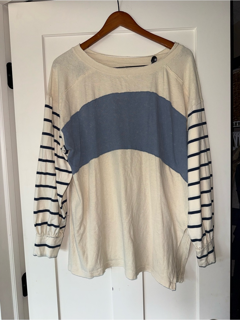 We The Free Cream Long Sleeve Tee with Blue Stripe and Navy Stripe Sleeves